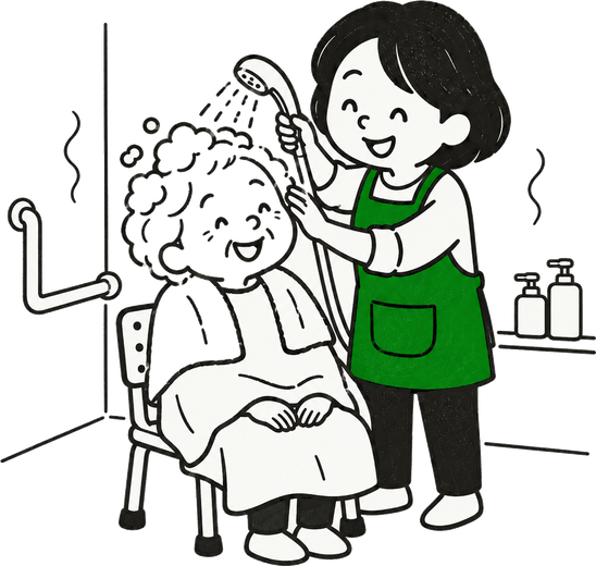 浴室でシャワーチェアに座った方の髪を洗うスタッフの絵