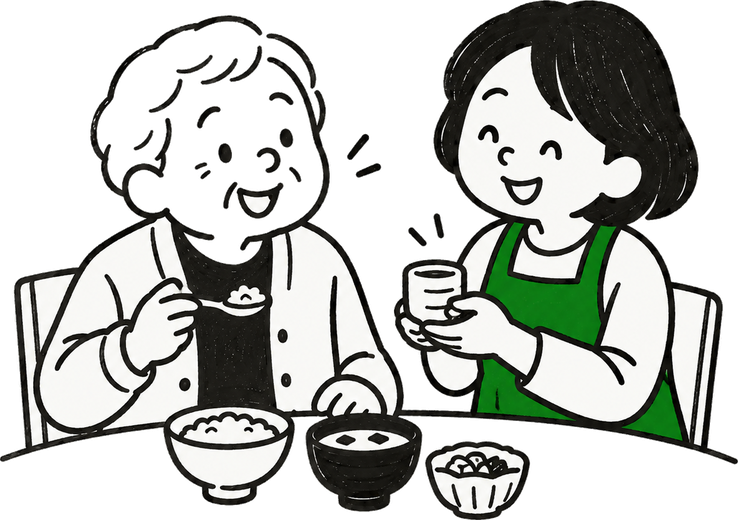 食卓で食事を見守りながらお茶を差し出すスタッフの絵