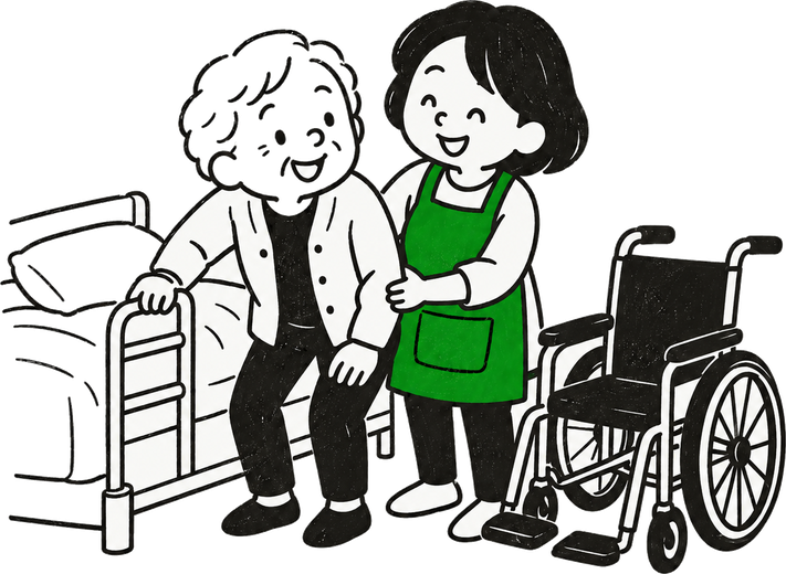 ベッド柵につかまって立つ方の腰に手を添えるスタッフの絵
