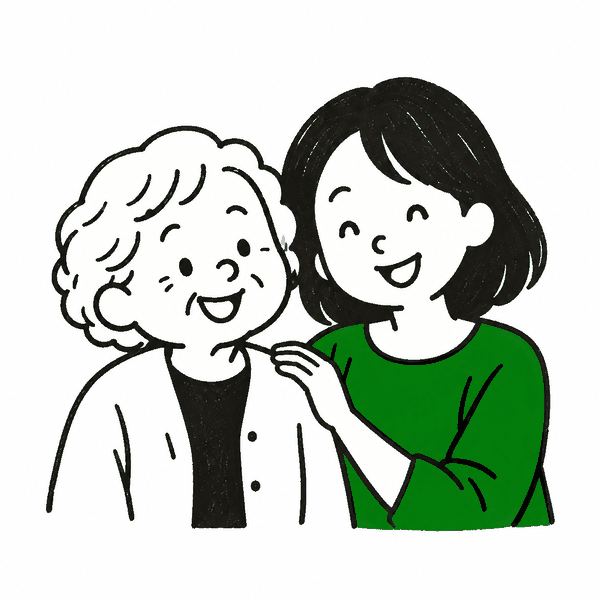 笑顔のおばあちゃんと、肩に手を添える娘さんの絵
