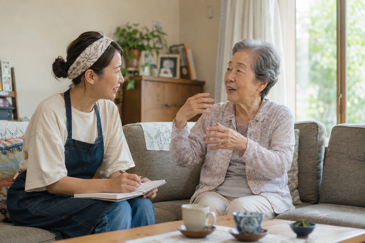 スタッフが高齢の女性の話にうなずきながら耳を傾けている