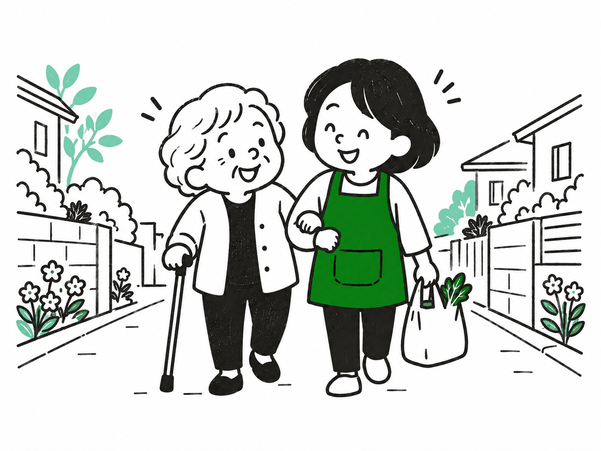 住宅街の道を腕を組んでゆっくり歩く絵