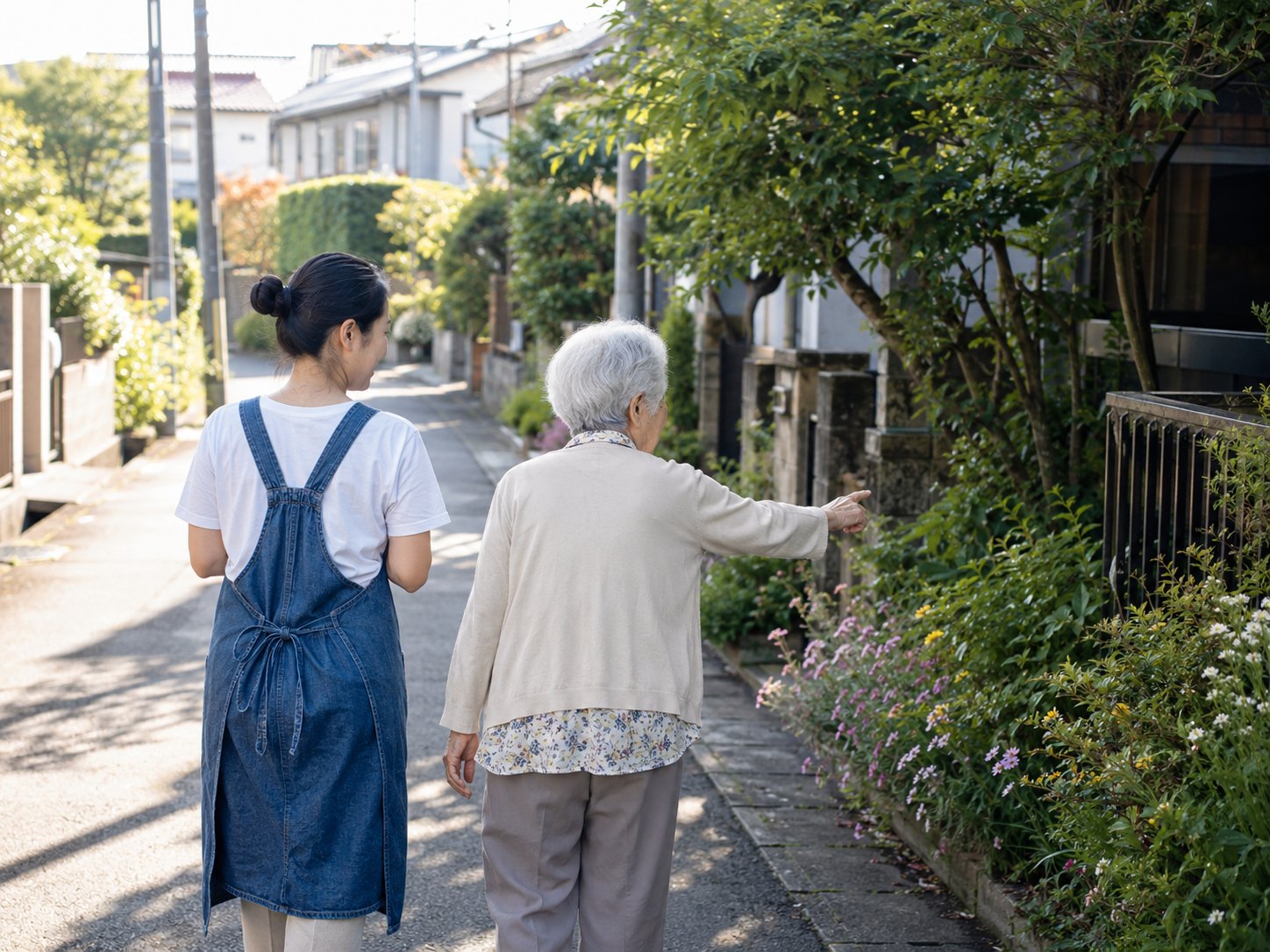住宅街を並んでゆっくり歩いている後ろ姿
